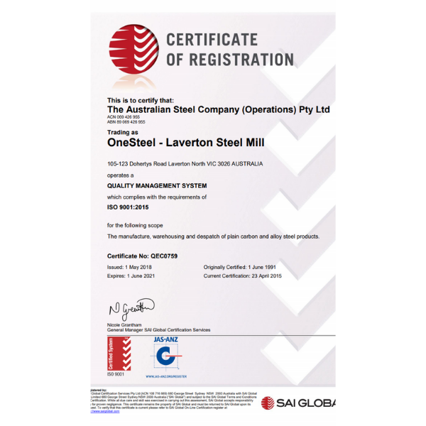 ISO9001:2015 Quality Management System – Laverton Steel Mill