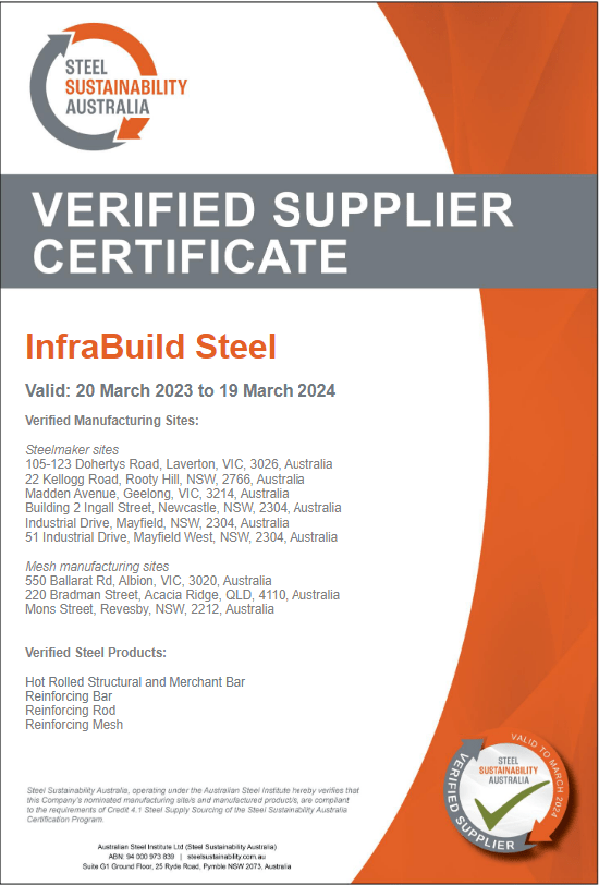Steel Sustainability Australia Scheme Verified Supplier Certificate